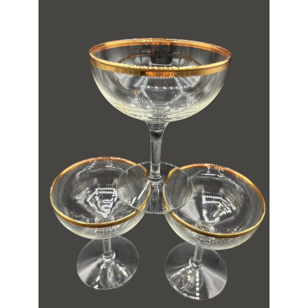3 Vintage Gold Rimmed Champagne Stem Glasses 4 5/8"